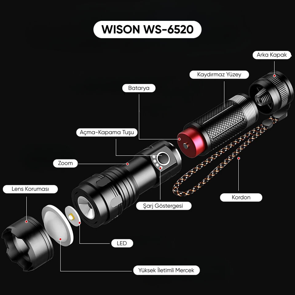 Şarj Edilebilir El Feneri - Wison - 5000 Lümen - 50 Watt
