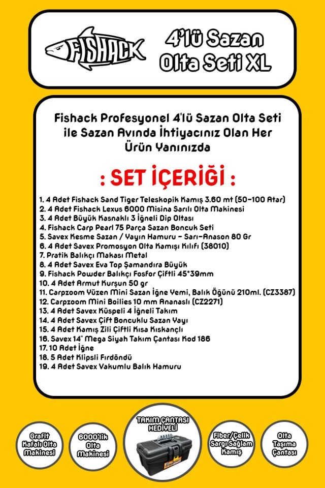 Tam Takım Sazan Olta Seti - 4'lü Set - XL - 3.60MT/50-100GR