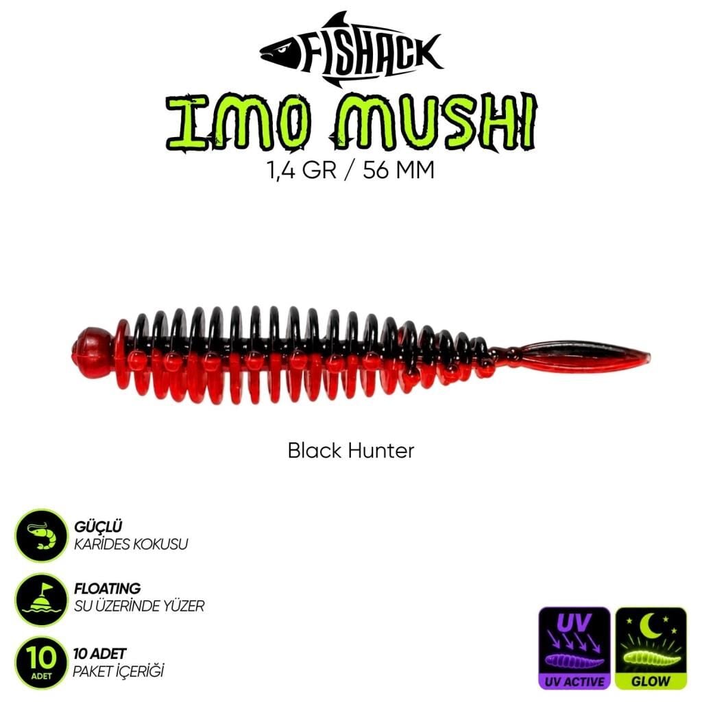 Yüzen Silikon Kurt - Fishack Imo Mushi - Karides Kokulu Kurt - 1,4g 56mm Black Hunter