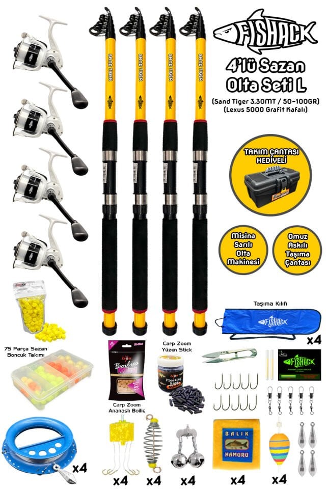Tam Takım Sazan Olta Seti - 4'lü Set - L - 3.30MT/50-100GR