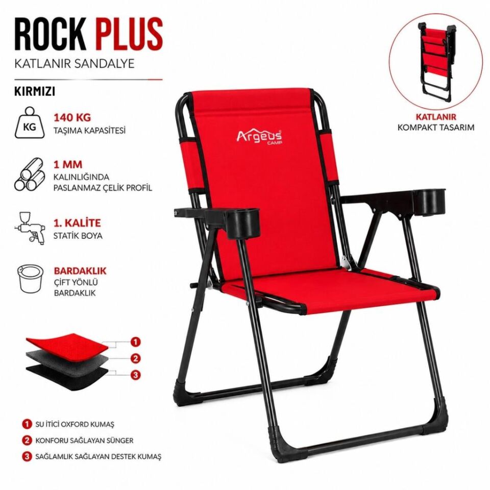 2 Adet Katlanır Kamp Sandalyesi ve Ahşap Masa Seti - Rock Plus - 140KG Taşıma Kırmızı (325)