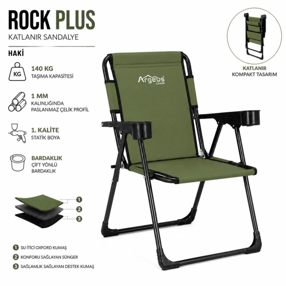 2 Adet Katlanır Kamp Sandalyesi ve Ahşap Masa Seti - Rock Plus - 140KG Taşıma Haki (326)
