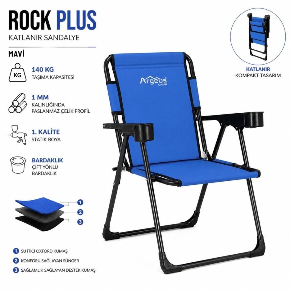 2 Adet Katlanır Kamp Sandalyesi ve Ahşap Masa Seti - Rock Plus - 140KG Taşıma Mavi (328)