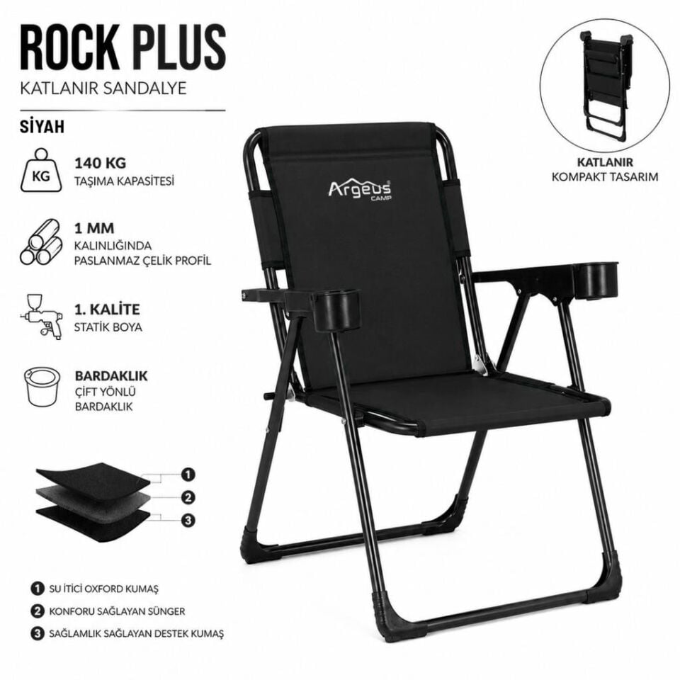 2 Adet Katlanır Kamp Sandalyesi ve Ahşap Masa Seti - Rock Plus - 140KG Taşıma Siyah (329)