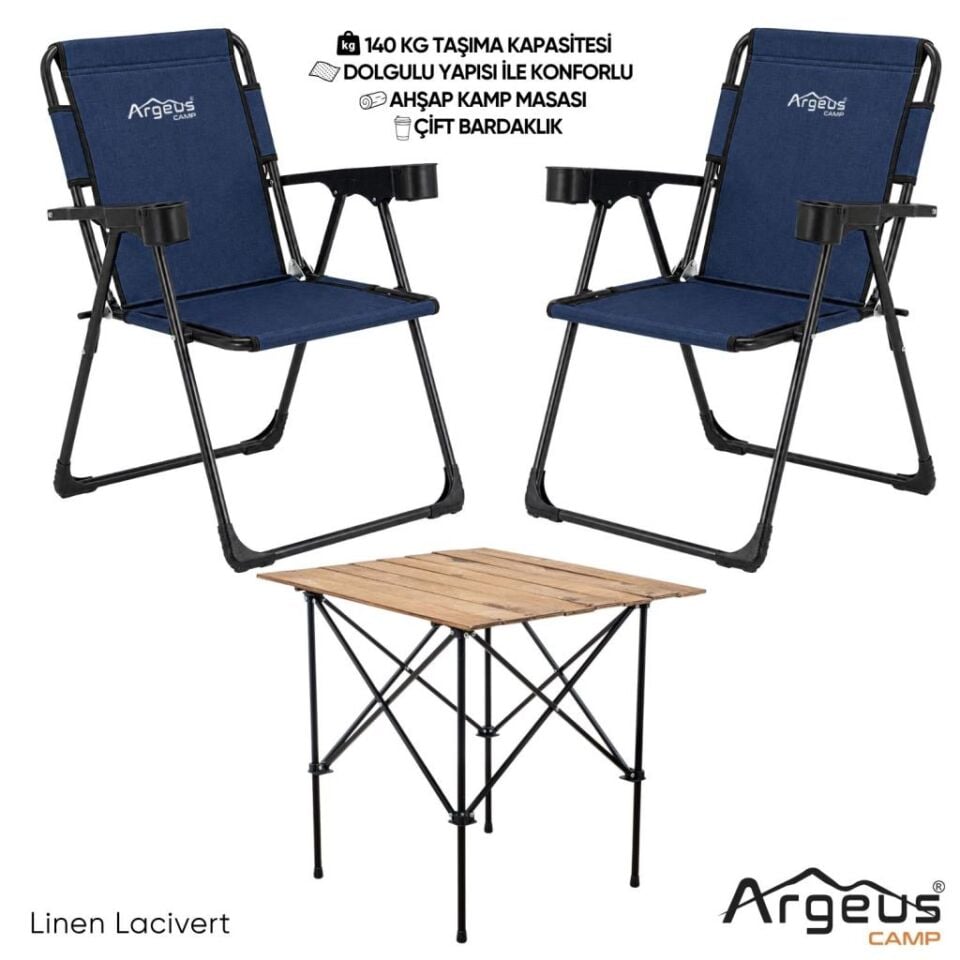 2 Adet Katlanır Kamp Sandalyesi ve Ahşap Masa Seti - Rock Plus - 140KG Taşıma Linen Lacivert (332)