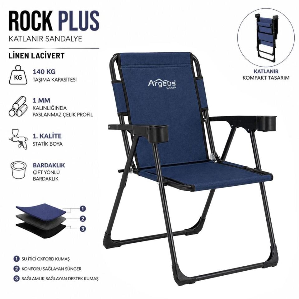 2 Adet Katlanır Kamp Sandalyesi ve Ahşap Masa Seti - Rock Plus - 140KG Taşıma Linen Lacivert (332)