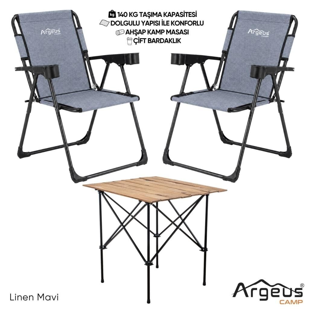 2 Adet Katlanır Kamp Sandalyesi ve Ahşap Masa Seti - Rock Plus - 140KG Taşıma Linen Mavi (374)