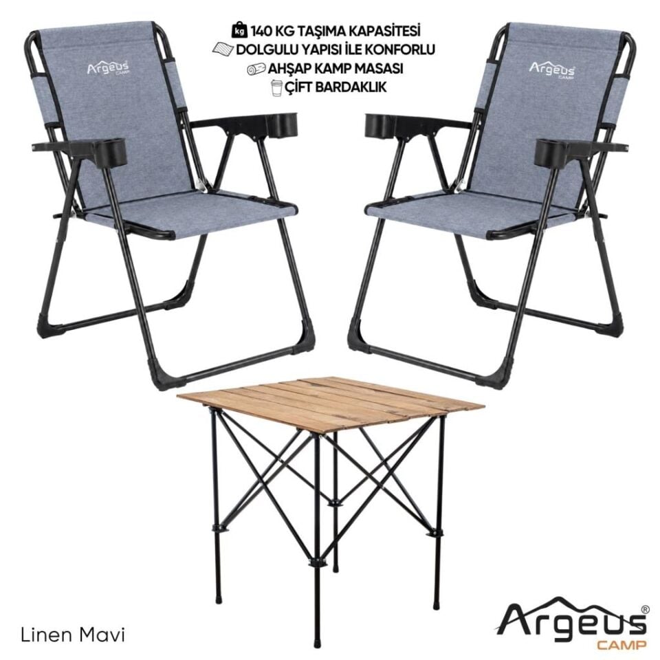 2 Adet Katlanır Kamp Sandalyesi ve Ahşap Masa Seti - Rock Plus - 140KG Taşıma Linen Mavi (374)