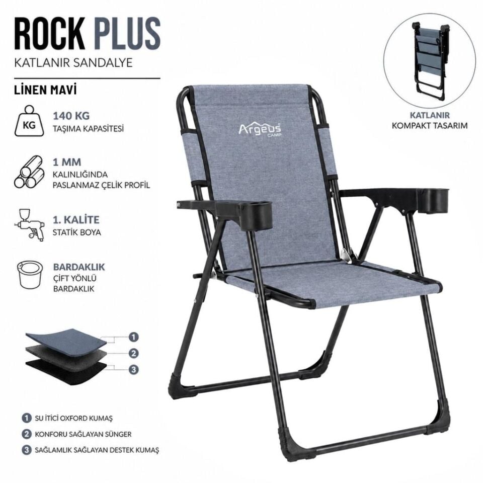 2 Adet Katlanır Kamp Sandalyesi ve Ahşap Masa Seti - Rock Plus - 140KG Taşıma Linen Mavi (374)