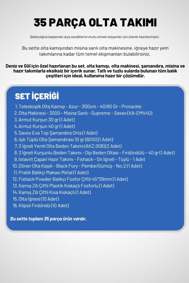35 Parça Tam Takım Olta Seti - 300cm Kamış 30-60GR / 30'luk Makine (Sarı)