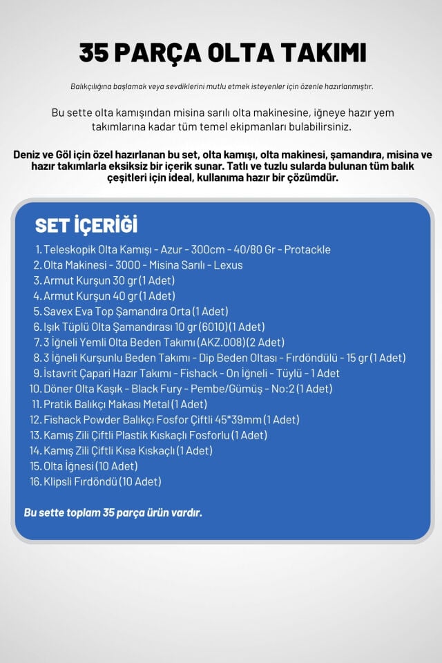 35 Parça Tam Takım Olta Seti - 300cm Kamış 40-80GR / 30'luk Makine (Sarı)