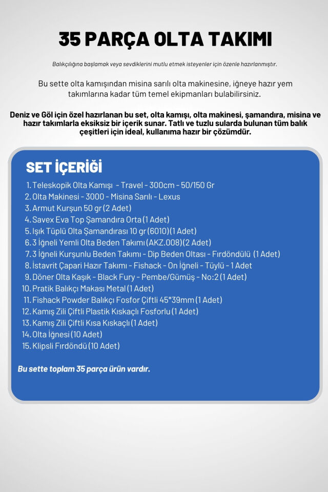 35 Parça Tam Takım Olta Seti - 300cm Kamış 50/150GR / 30'luk Makine (Sarı)