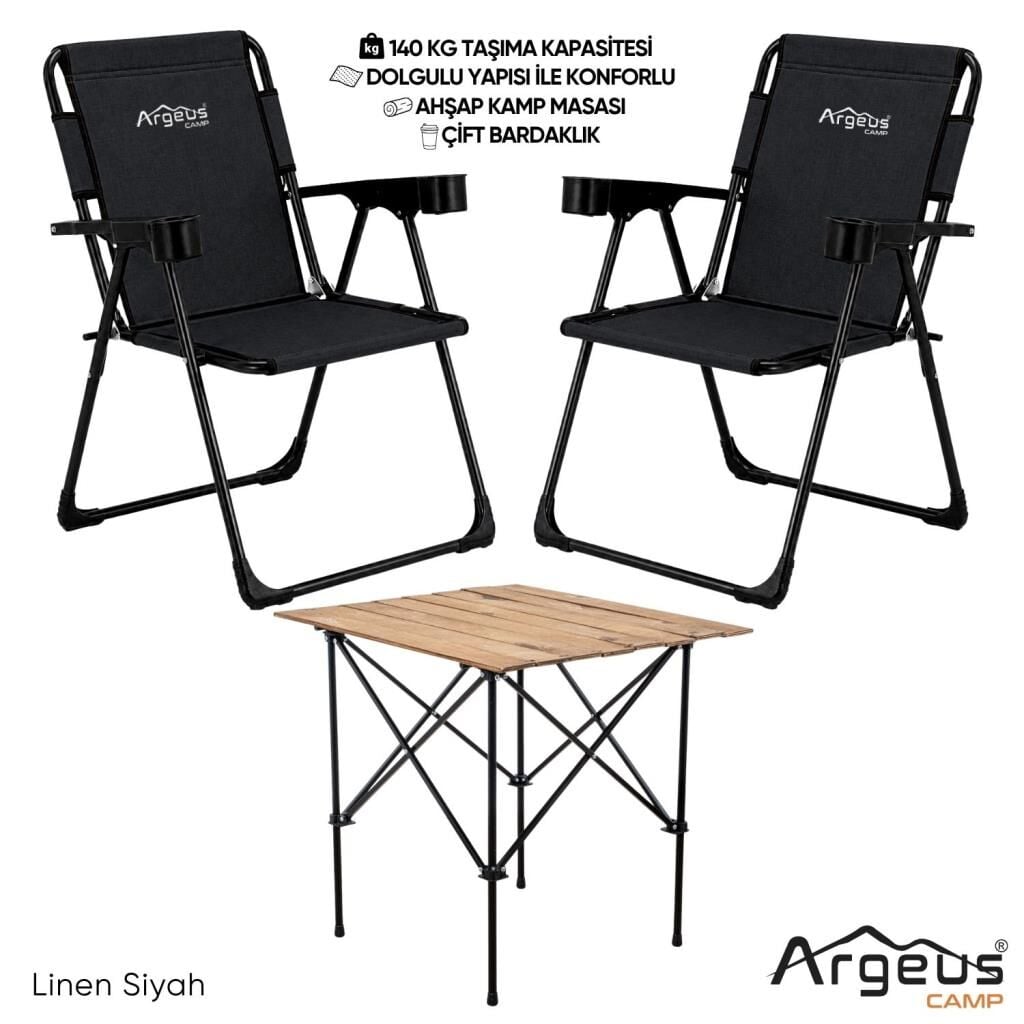 2 Adet Katlanır Kamp Sandalyesi ve Ahşap Masa Seti - Rock Plus - 140KG Taşıma Linen Siyah (376)