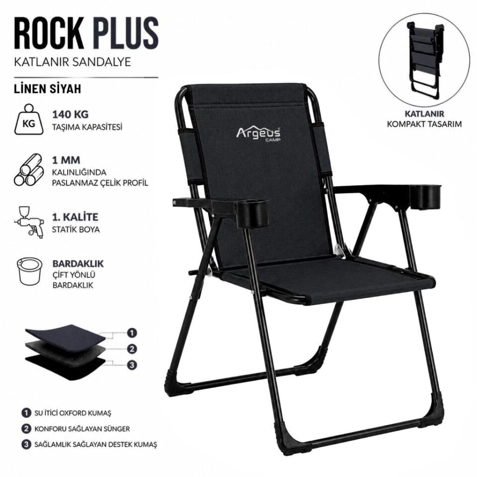 2 Adet Katlanır Kamp Sandalyesi ve Ahşap Masa Seti - Rock Plus - 140KG Taşıma Linen Siyah (376)