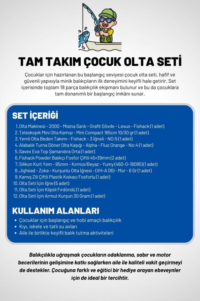 Tam Takım Çocuk Olta Seti - 165cm Kamış 10-30GR / 20'lik Makine