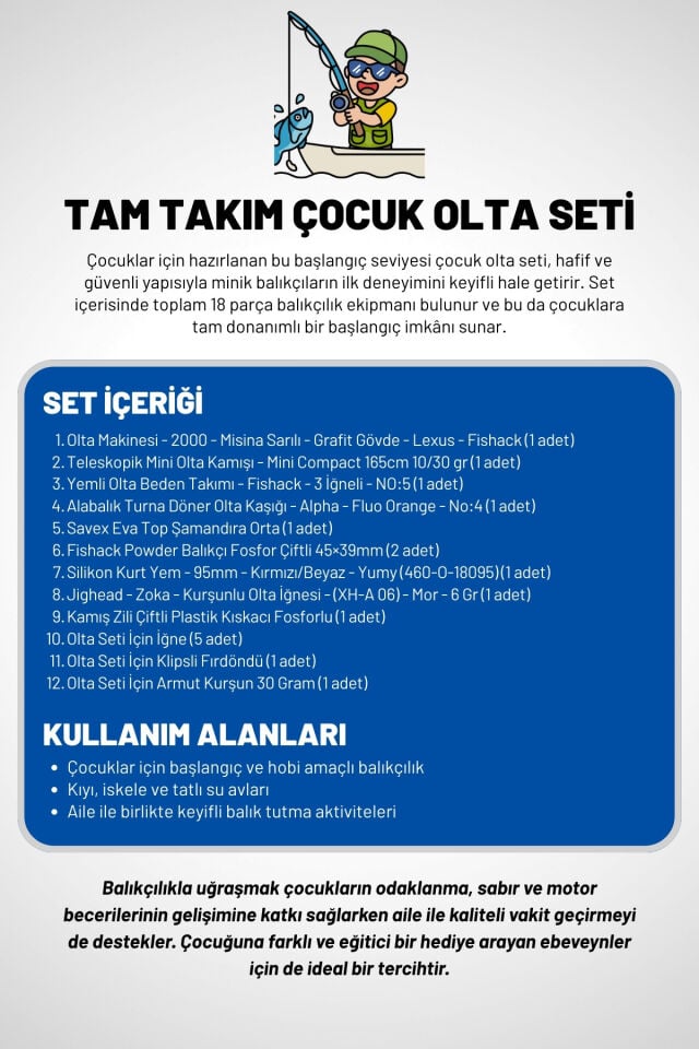 Tam Takım Çocuk Olta Seti - 165cm Kamış 10-30GR / 20'lik Makine