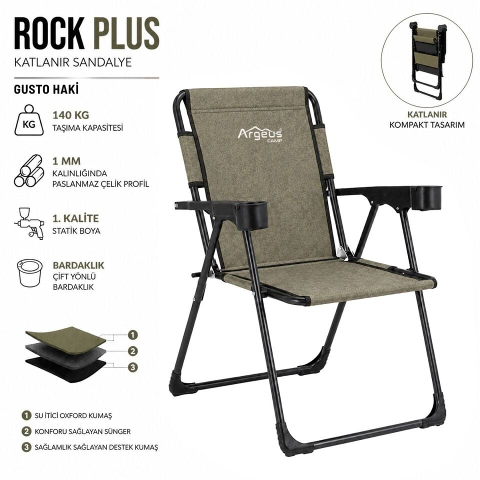 4 Adet Katlanır Kamp Sandalyesi ve Ahşap Masa Seti - Rock Plus - 140KG Taşıma