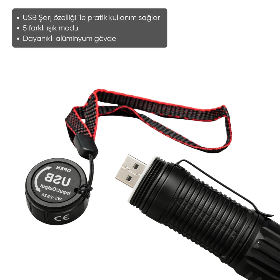 USB Şarj Edilebilir El Feneri - Wison - 1000 Lümen - 10 Watt - (WS-2828)