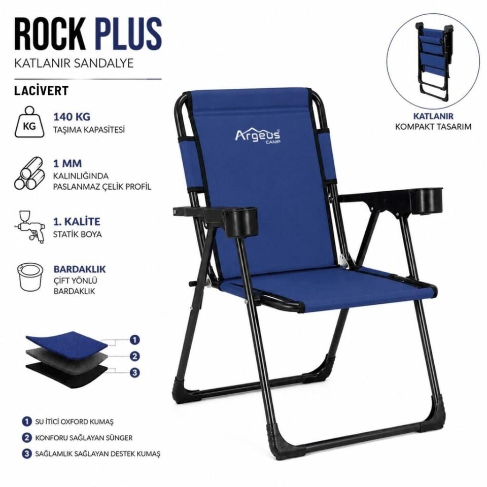 4 Adet Katlanır Kamp Sandalyesi ve Ahşap Masa Seti - Rock Plus - 140KG Taşıma Lacivert (327)