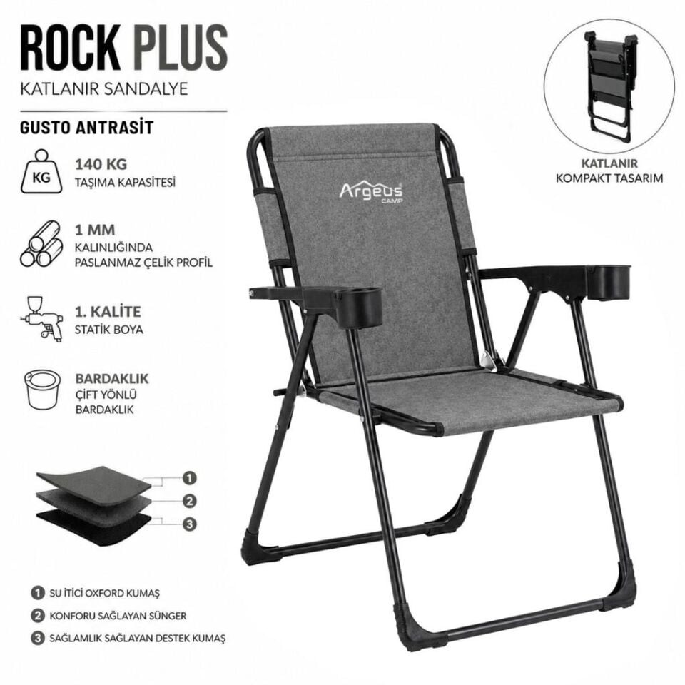 4 Adet Katlanır Kamp Sandalyesi ve Ahşap Masa Seti - Rock Plus - 140KG Taşıma Gusto Antrasit (331)