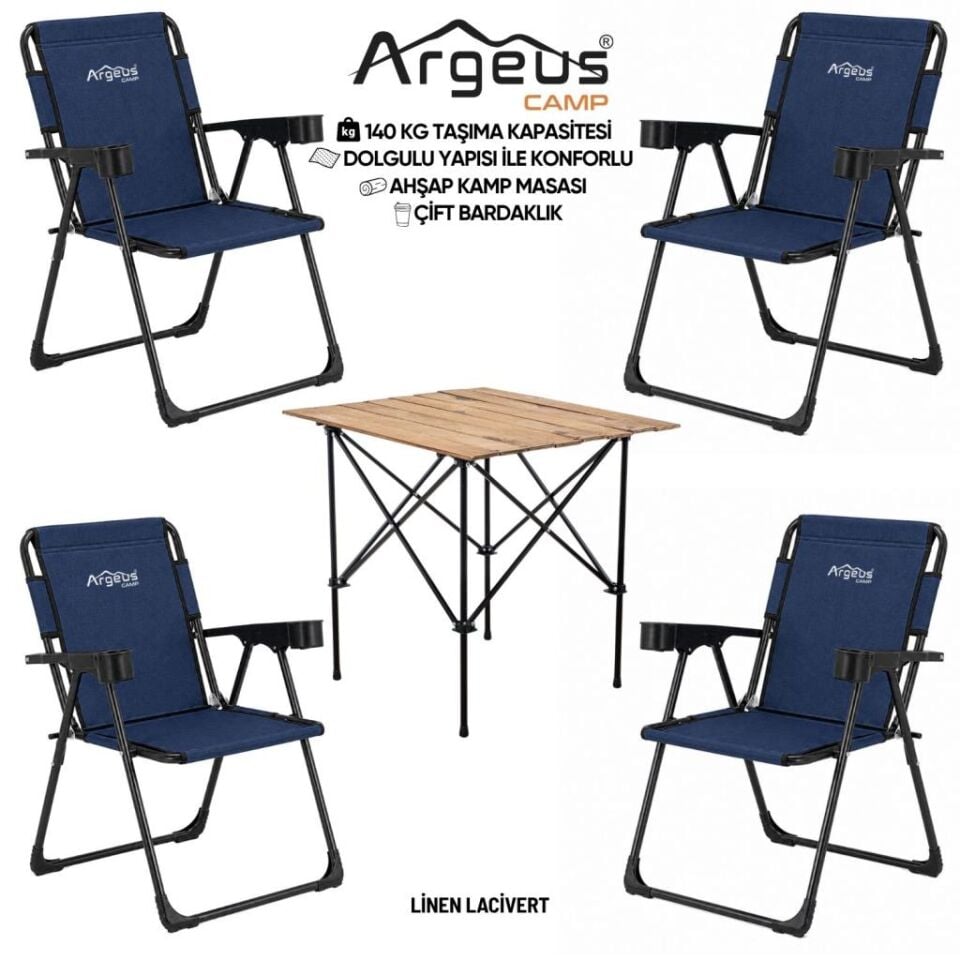 4 Adet Katlanır Kamp Sandalyesi ve Ahşap Masa Seti - Rock Plus - 140KG Taşıma Linen Lacivert (332)