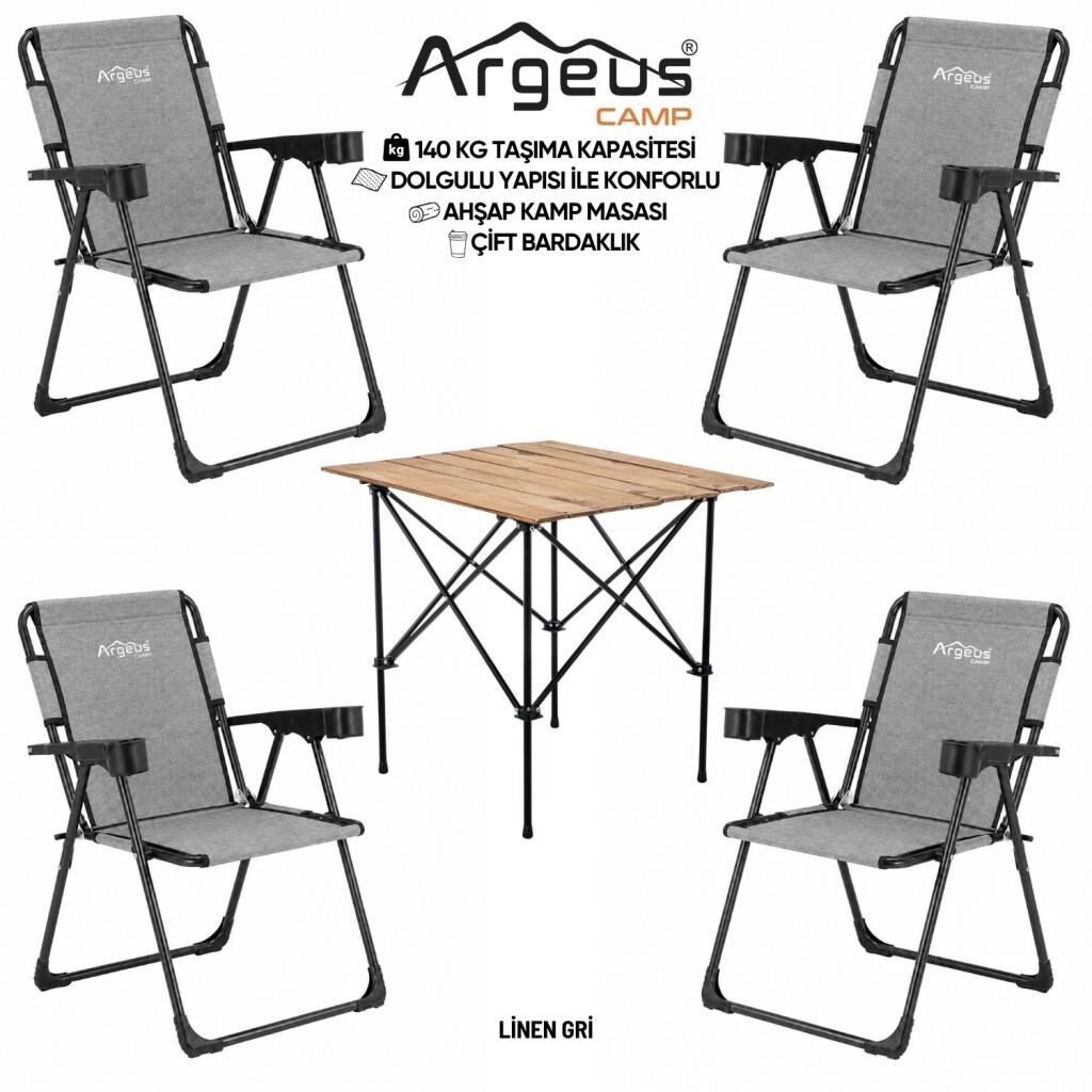 4 Adet Katlanır Kamp Sandalyesi ve Ahşap Masa Seti - Rock Plus - 140KG Taşıma Linen Gri (375)
