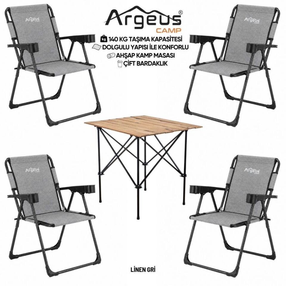 4 Adet Katlanır Kamp Sandalyesi ve Ahşap Masa Seti - Rock Plus - 140KG Taşıma Linen Gri (375)