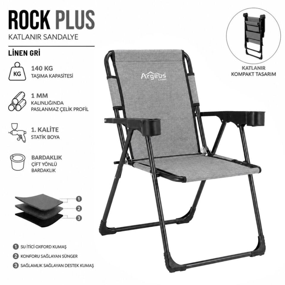 4 Adet Katlanır Kamp Sandalyesi ve Ahşap Masa Seti - Rock Plus - 140KG Taşıma Linen Gri (375)