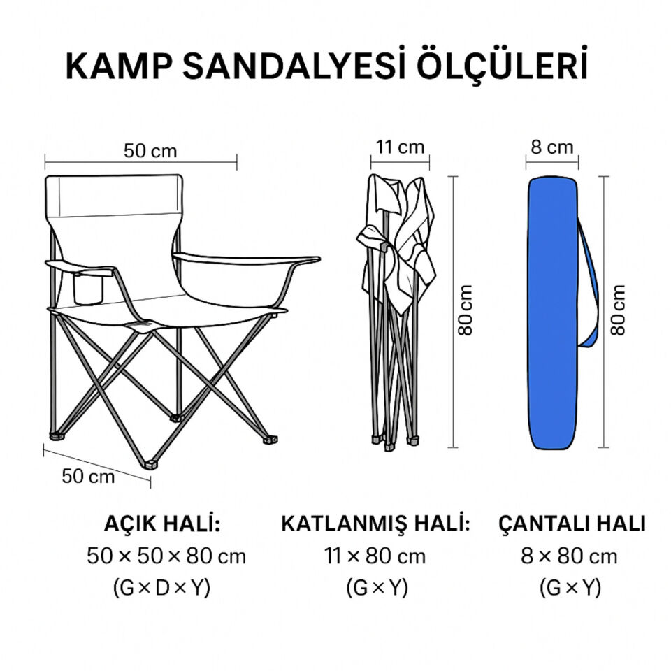 2 Adet Katlanır Kamp Sandalyesi - Piknik Plaj Sandalyesi - (DY.001) - Mavi