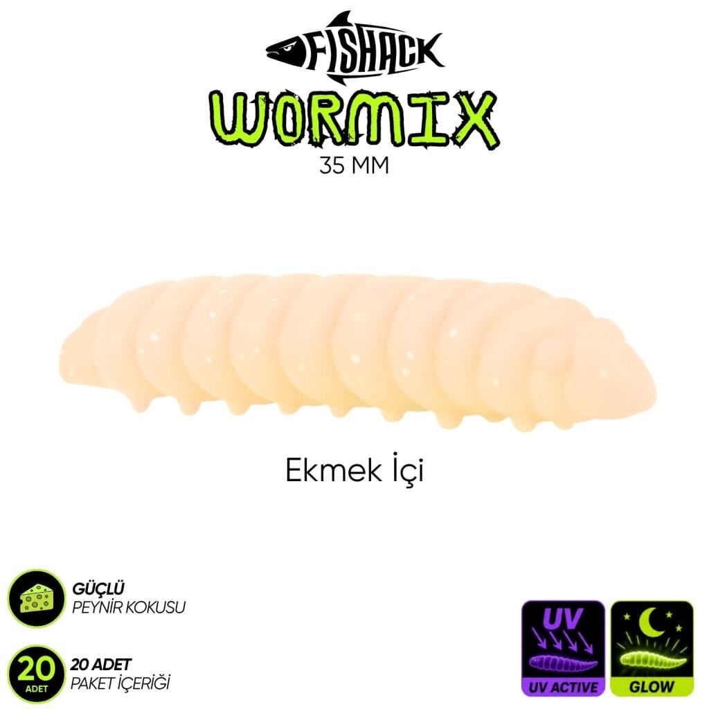 Silikon Kurt Yem - Fishack - 35mm - Peynir Kokulu - 20 Adet - UV ve Glow Silikon Ekmek İçi