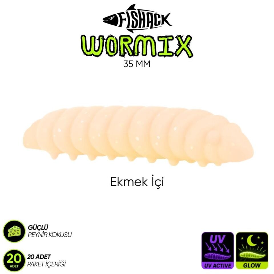 Silikon Kurt Yem - Fishack - 35mm - Peynir Kokulu - 20 Adet - UV ve Glow Silikon Ekmek İçi
