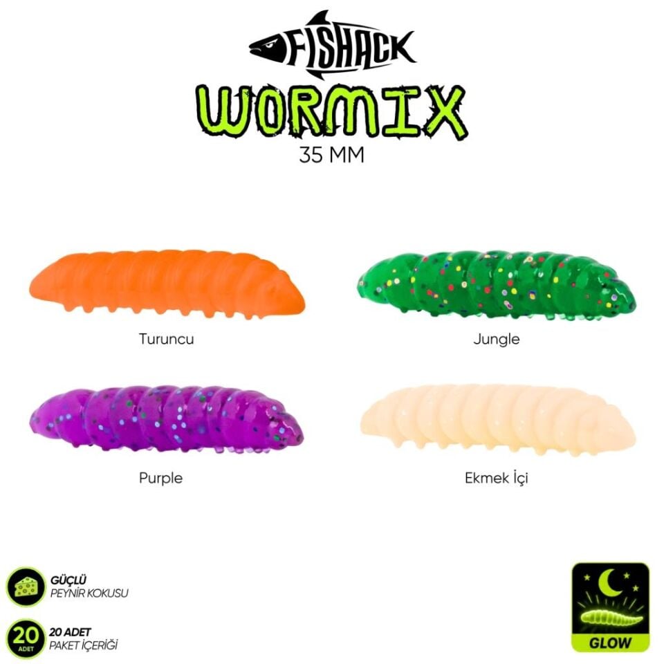 Silikon Kurt Yem - Fishack - 35mm - Peynir Kokulu - 20 Adet - UV ve Glow Silikon Ekmek İçi