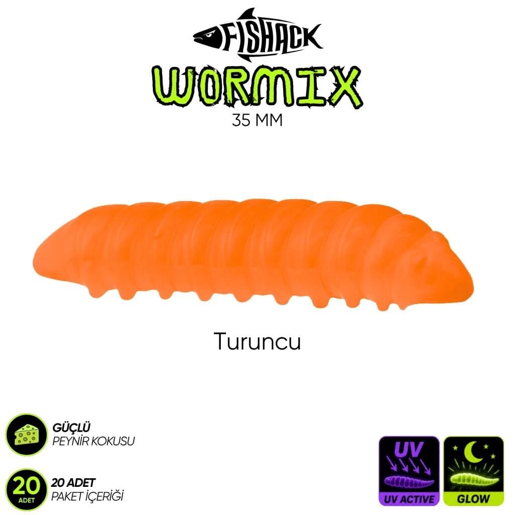 Silikon Kurt Yem - Fishack - 35mm - Peynir Kokulu - 20 Adet - UV ve Glow Silikon Turuncu