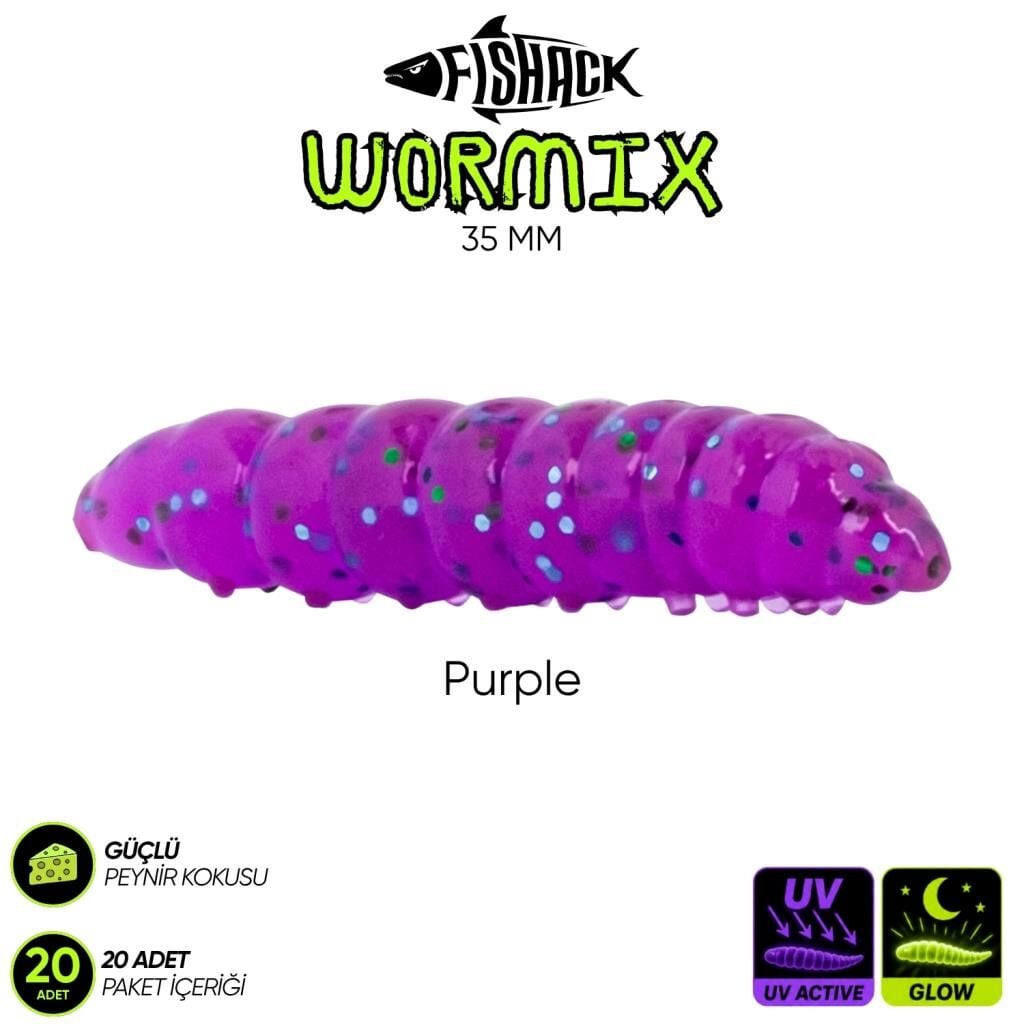 Silikon Kurt Yem - Fishack - 35mm - Peynir Kokulu - 20 Adet - UV ve Glow Silikon Purple