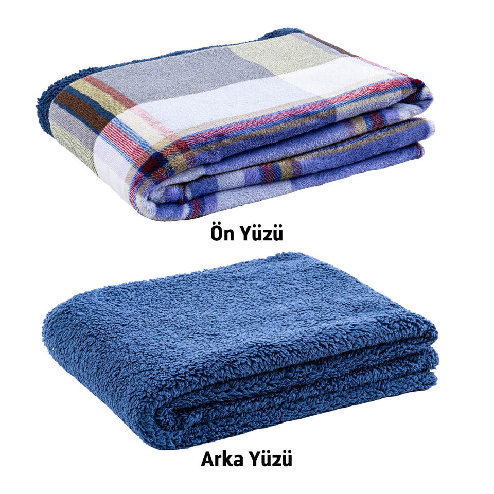 Peluş Polar Kamp Battaniyesi - Mavi Ekose
