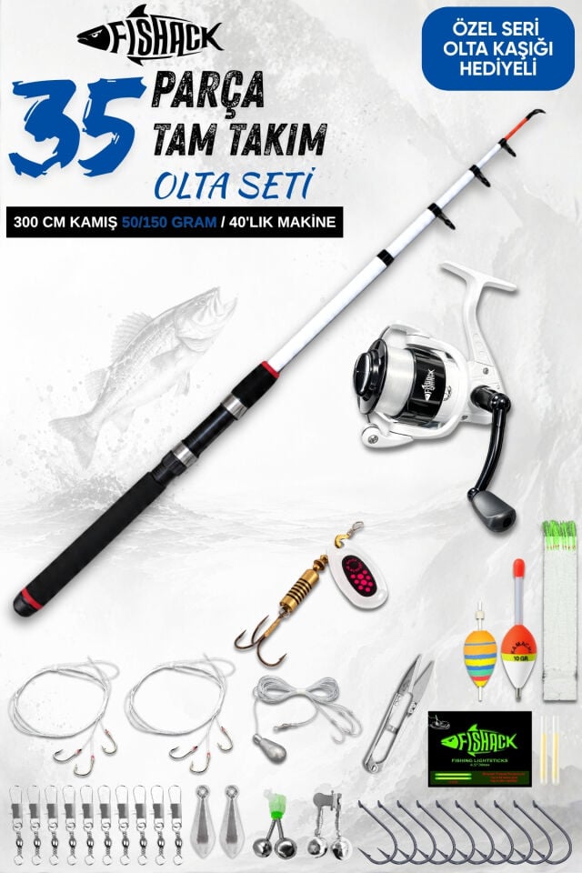 35 Parça Tam Takım Olta Seti - 300cm Kamış 50-150GR / 40'lık Makine (Beyaz)