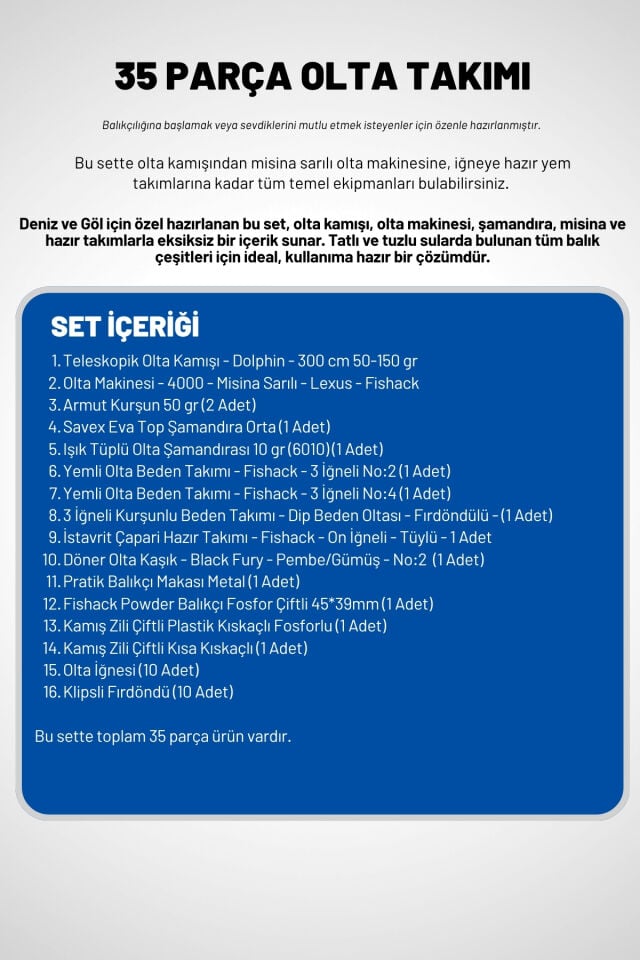 35 Parça Tam Takım Olta Seti - 300cm Kamış 50-150GR / 40'lık Makine (Beyaz)