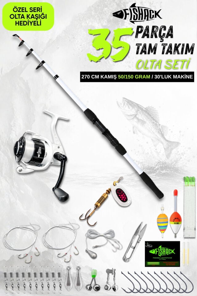 35 Parça Tam Takım Olta Seti - 270cm Kamış 50-150GR / 50'lik Makine (Beyaz)