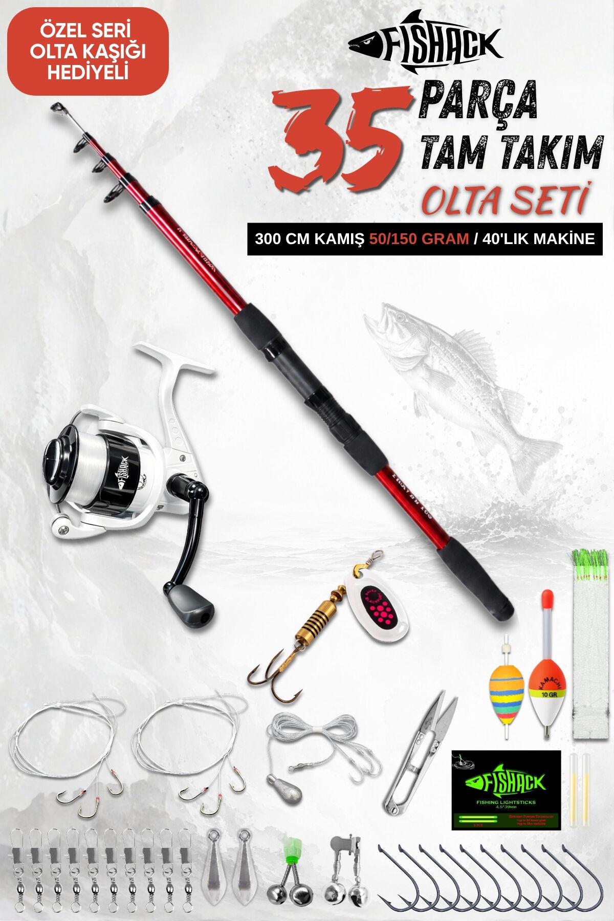 35 Parça Tam Takım Olta Seti - 300cm Kamış 50-150GR / 50'lik Makine (Bordo)