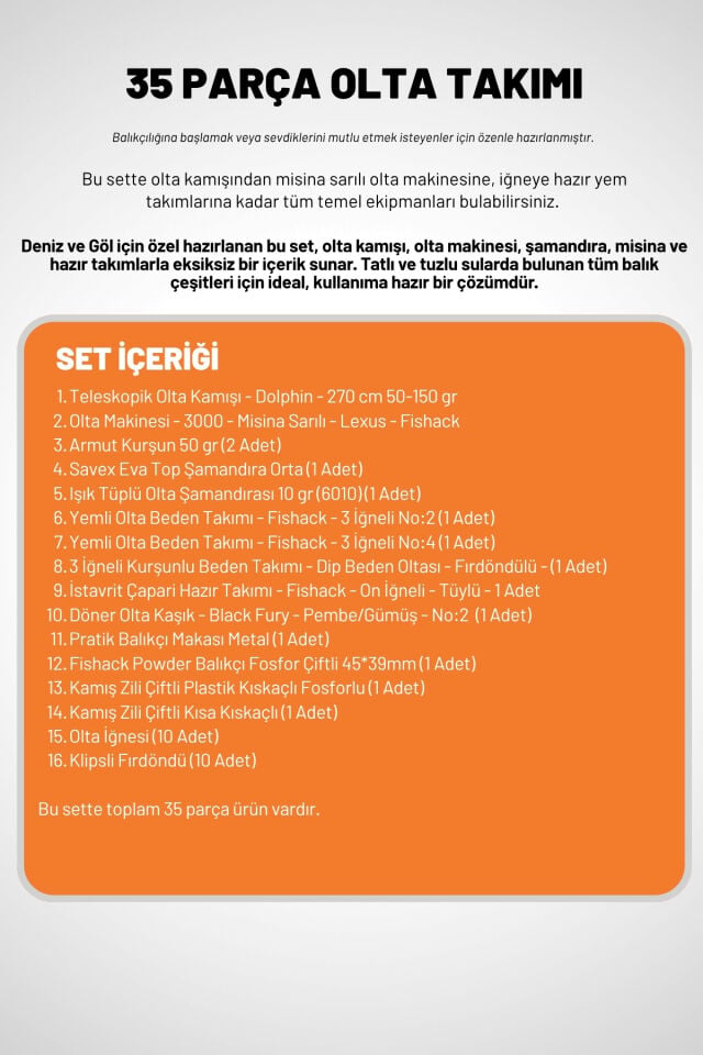 35 Parça Tam Takım Olta Seti - 270cm Kamış 50-150GR / 30'luk Makine (Turuncu)