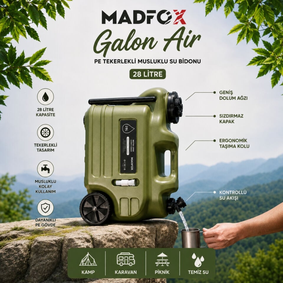 Tekerlekli Musluklu Su Bidonu - Madfox Galon Air PE - 28 Litre - Yeşil - 387060