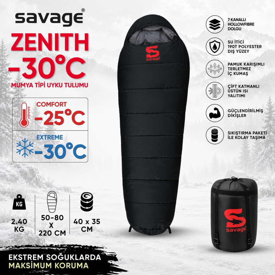 Kamp Uyku Tulumu - Zenith - Siyah - Extreme -30C° - Savage YS-530