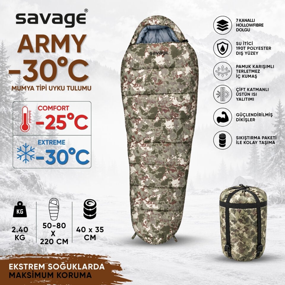 Kamp Uyku Tulumu - Army - Dijital Kamuflaj - Extreme -30C° - Savage YS-530