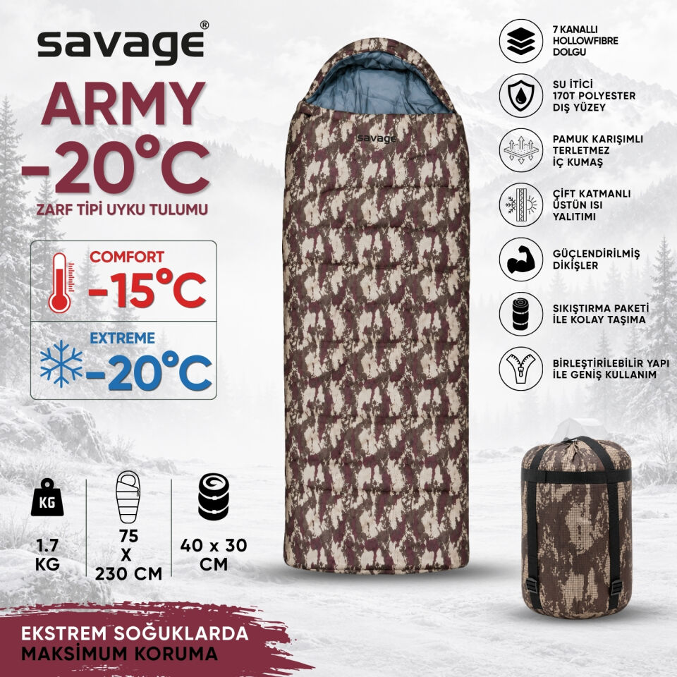 Kamp Uyku Tulumu - Army - Dijital Kamuflaj - Extreme -20C° - Savage YS-511
