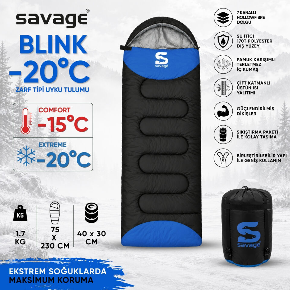 Kamp Uyku Tulumu - Blink - Mavi - Extreme -20C° - Savage YS-509