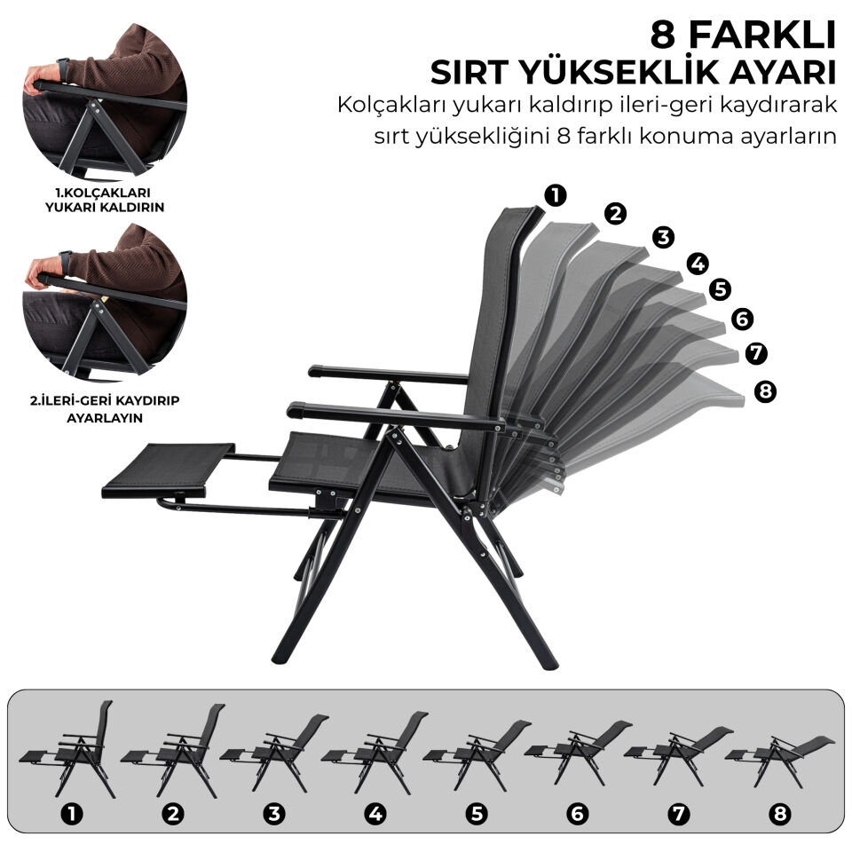 Sırt Ayarlı Katlanabilir Kamp Sandalyesi - 8 Kademeli - Bacak Uzatmalı - Recline