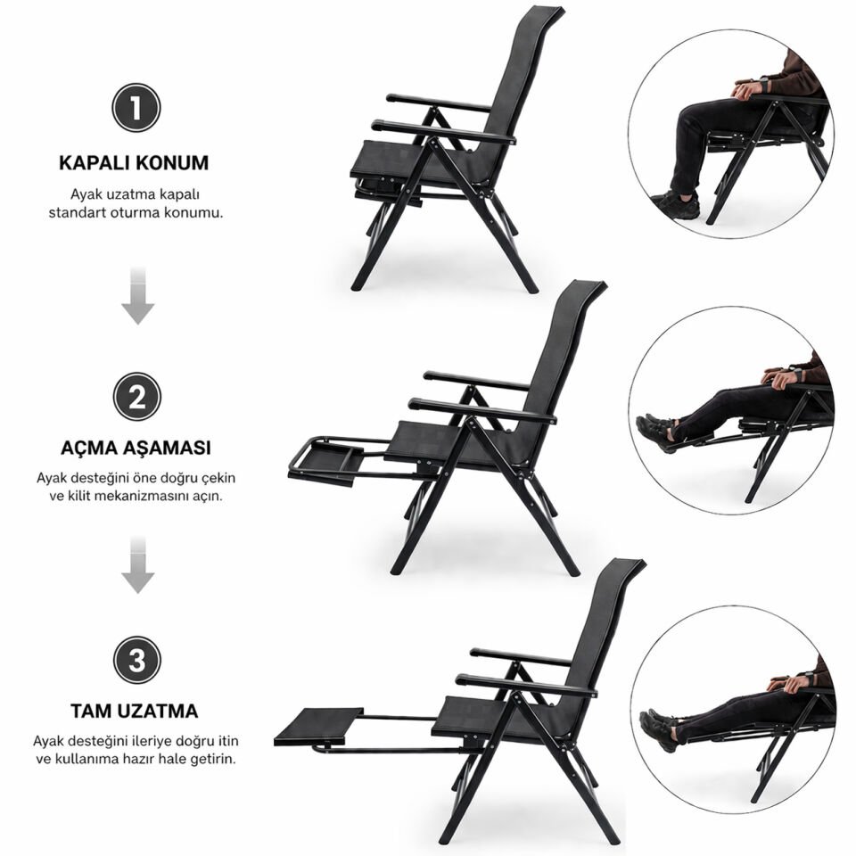 Sırt Ayarlı Katlanabilir Kamp Sandalyesi - 8 Kademeli - Bacak Uzatmalı - Recline