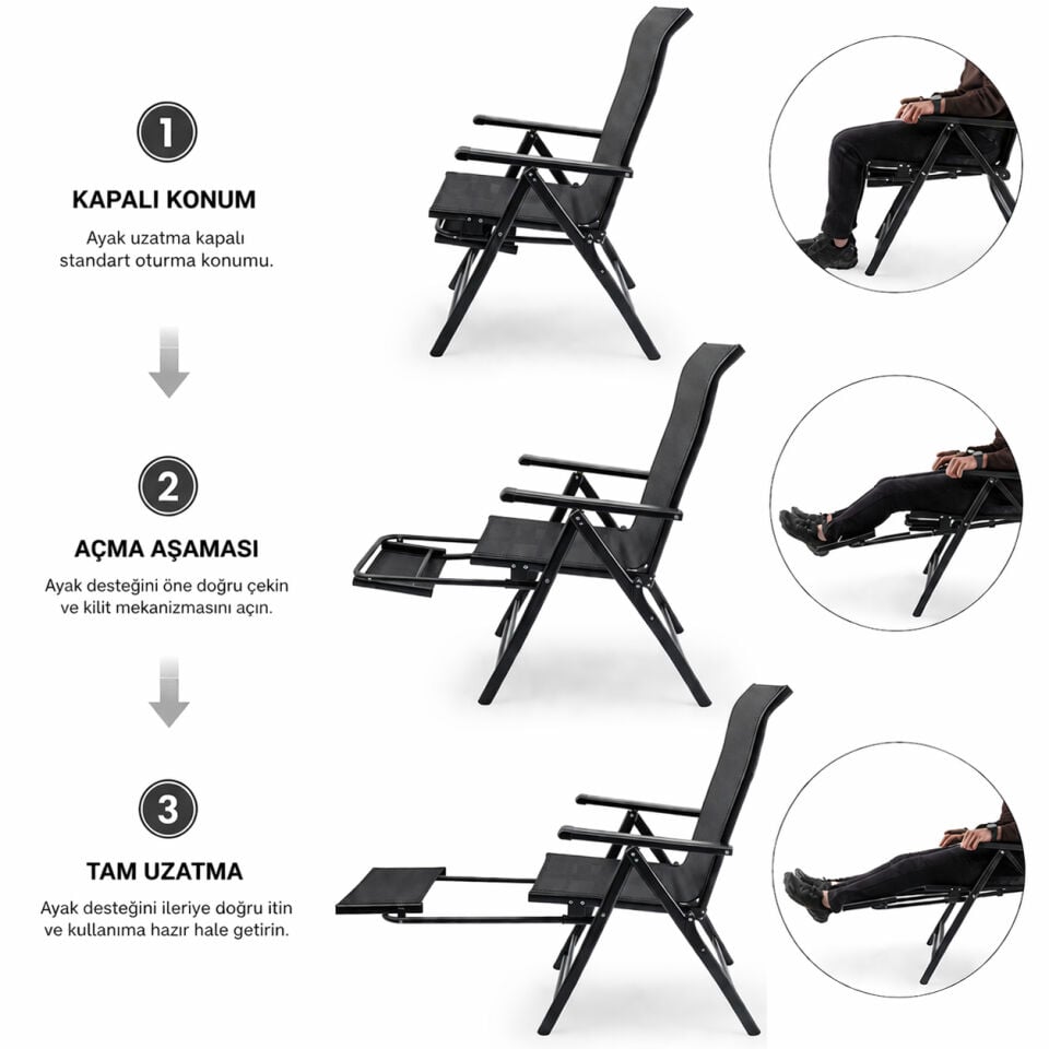 Sırt Ayarlı Katlanabilir Kamp Sandalyesi - 8 Kademeli - Bacak Uzatmalı - Recline