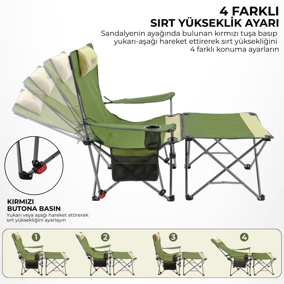 Sırt Ayarlı Katlanabilir Kamp Sandalyesi - 4 Kademeli - Lounge - Haki/Kum