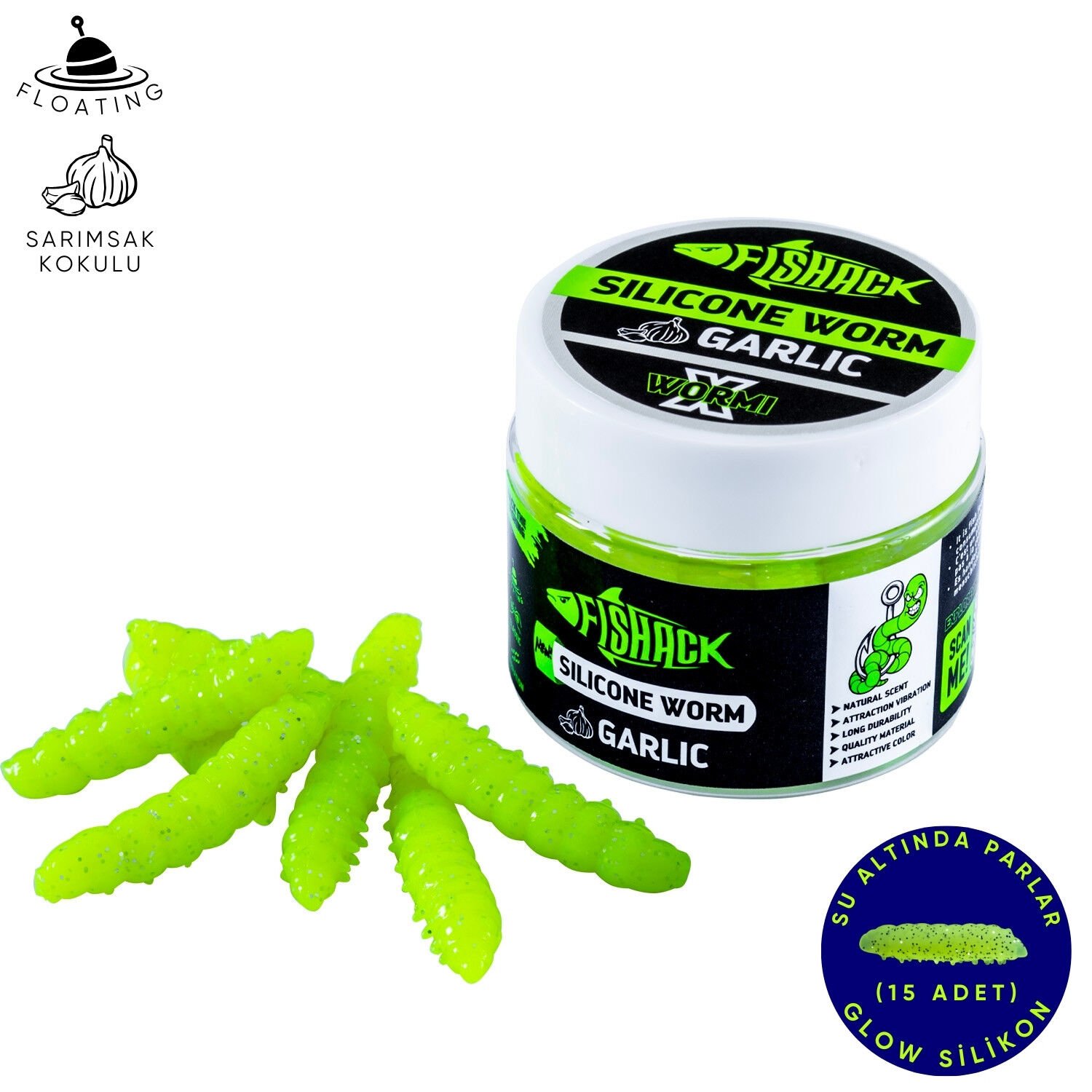 Yüzen Silikon Kurt - Glow Alabalık Yemi - 37mm - Sarımsak Kokulu - Fosfor Yeşili